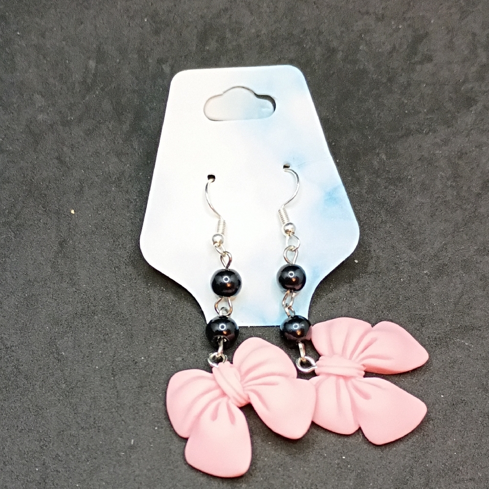 Pink Bow Drop Earrings with Black Beads